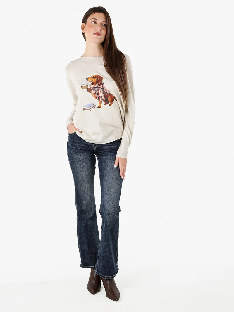 Maglia donna con stampa cane e spalle cadenti - beige