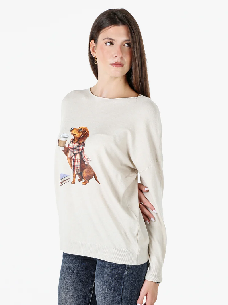 Maglia donna con stampa cane e spalle cadenti - beige