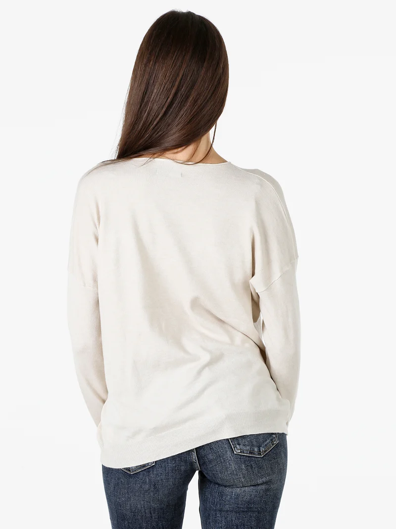 Maglia donna con stampa cane e spalle cadenti - beige