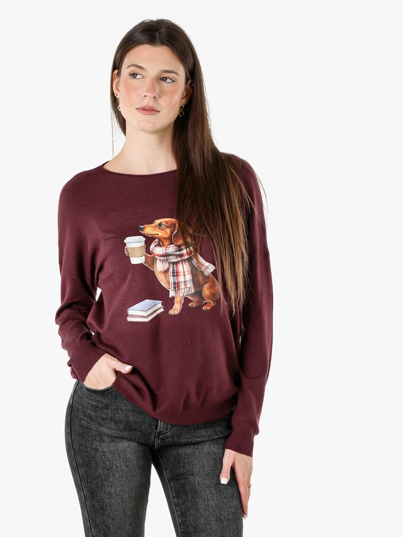 Maglia donna con stampa cane e spalle cadenti - bordeaux