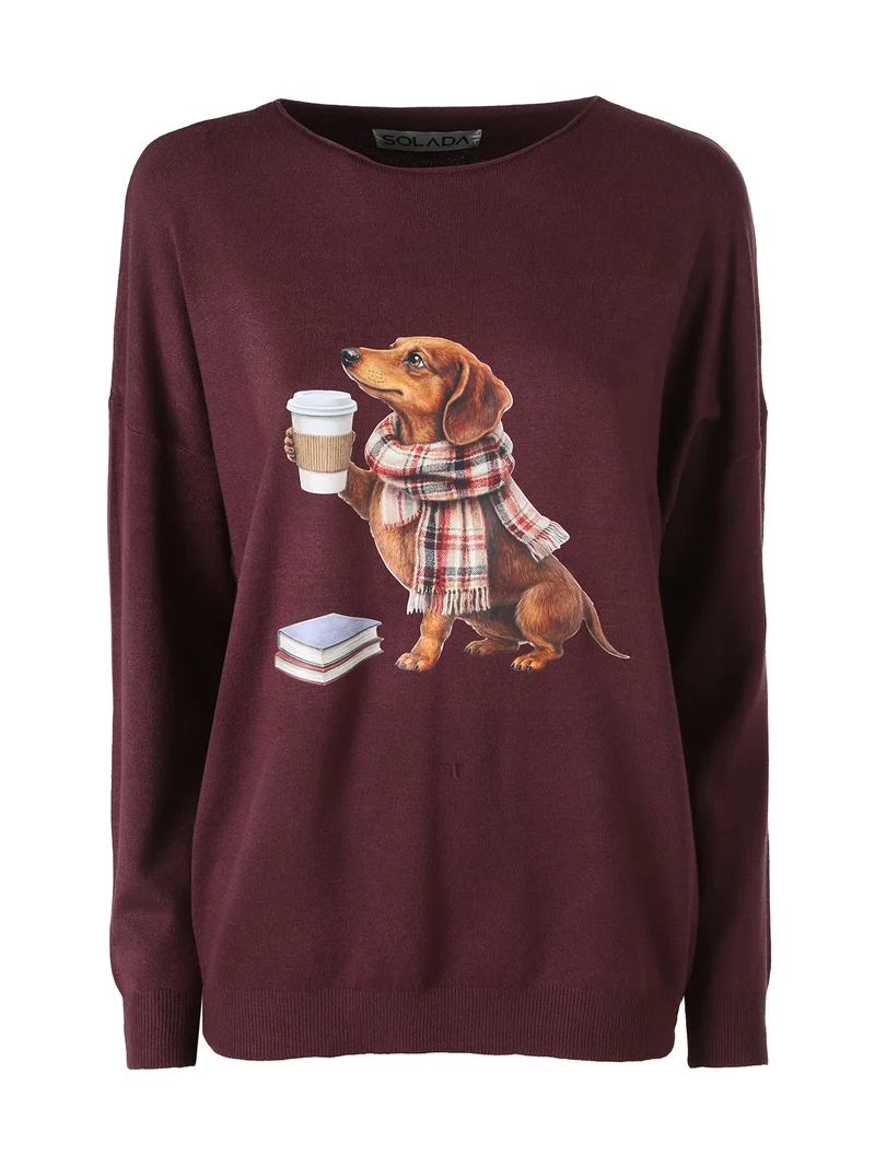 Maglia donna con stampa cane e spalle cadenti - bordeaux