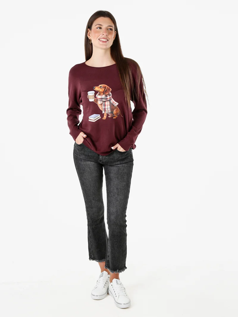Maglia donna con stampa cane e spalle cadenti - bordeaux