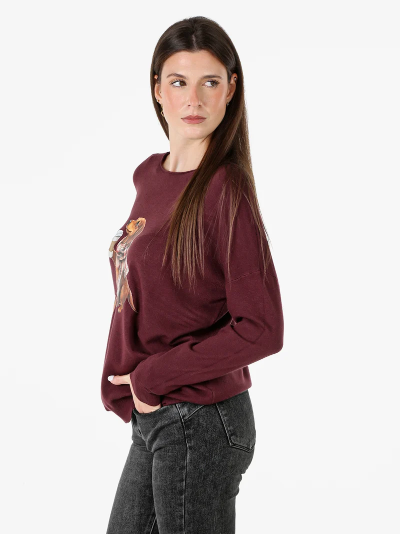 Maglia donna con stampa cane e spalle cadenti - bordeaux