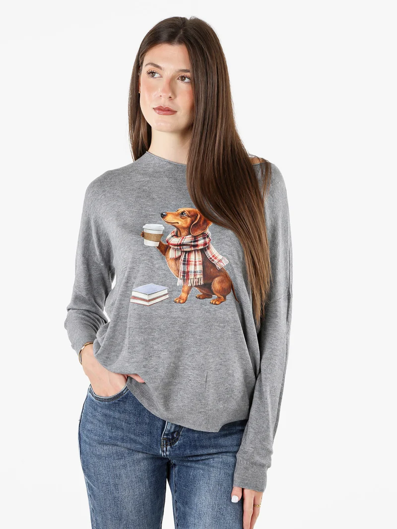 Maglia donna con stampa cane e spalle cadenti - grigio