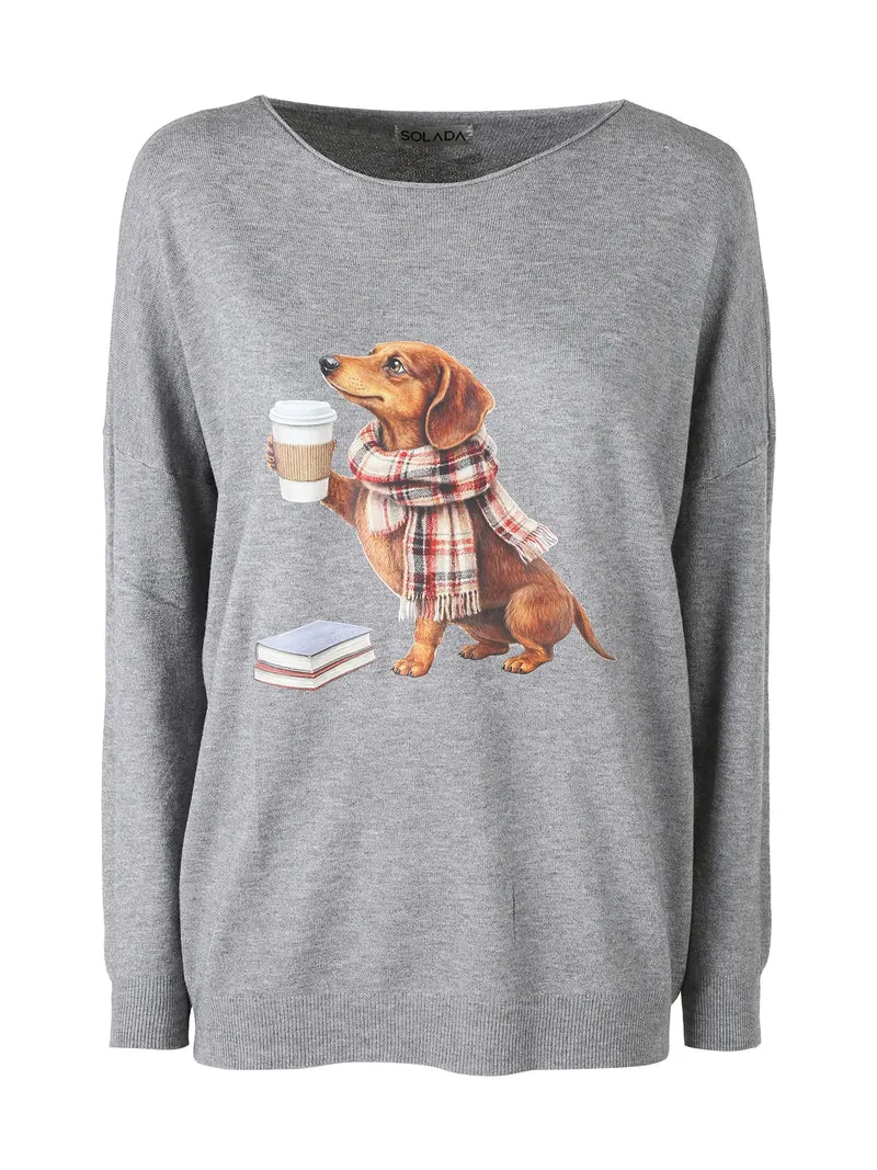 Maglia donna con stampa cane e spalle cadenti - grigio