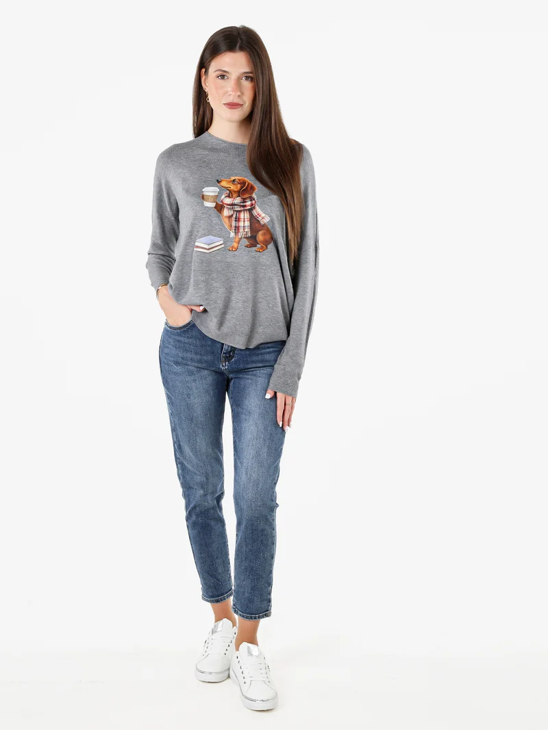 Maglia donna con stampa cane e spalle cadenti - grigio