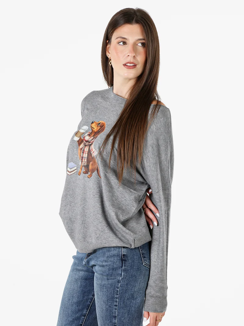 Maglia donna con stampa cane e spalle cadenti - grigio