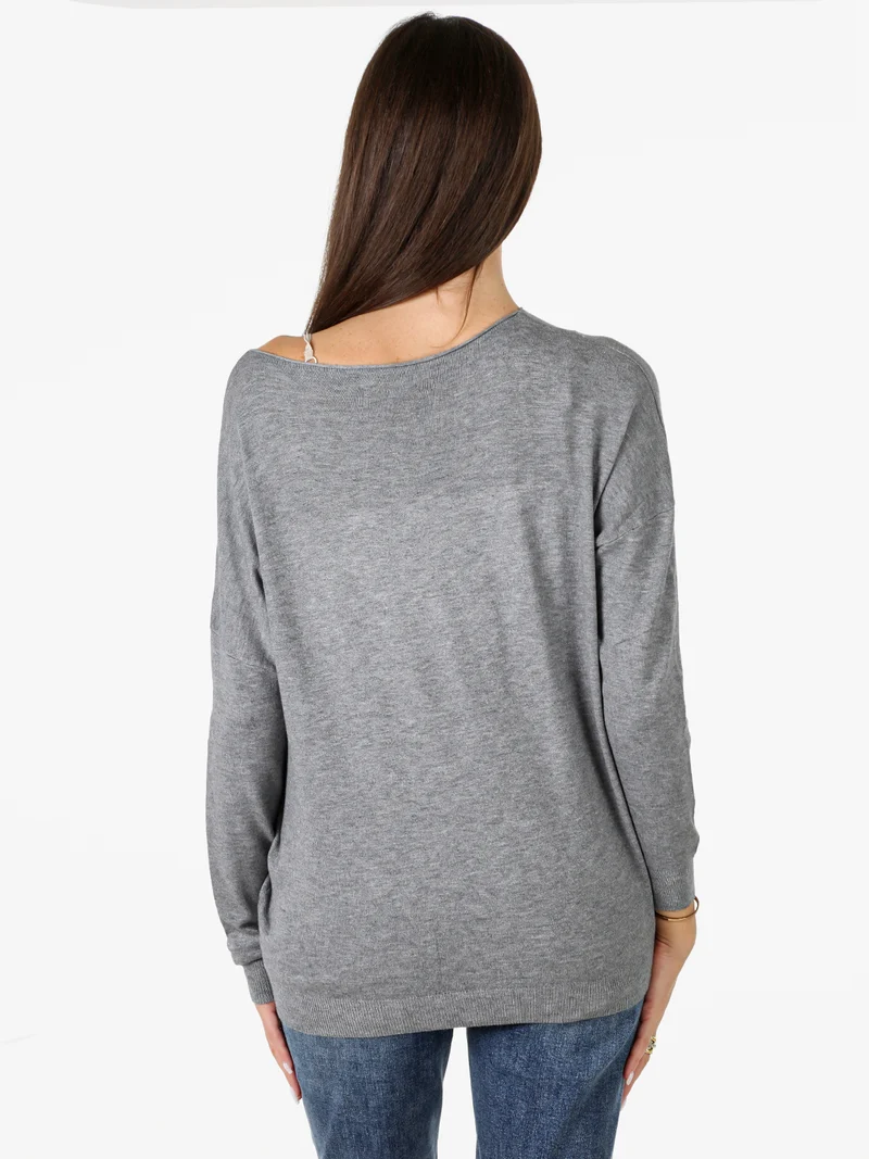 Maglia donna con stampa cane e spalle cadenti - grigio