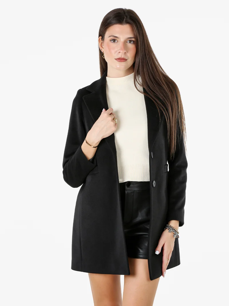 Cappotto classico da donna con bottoni e stampa texture - nero