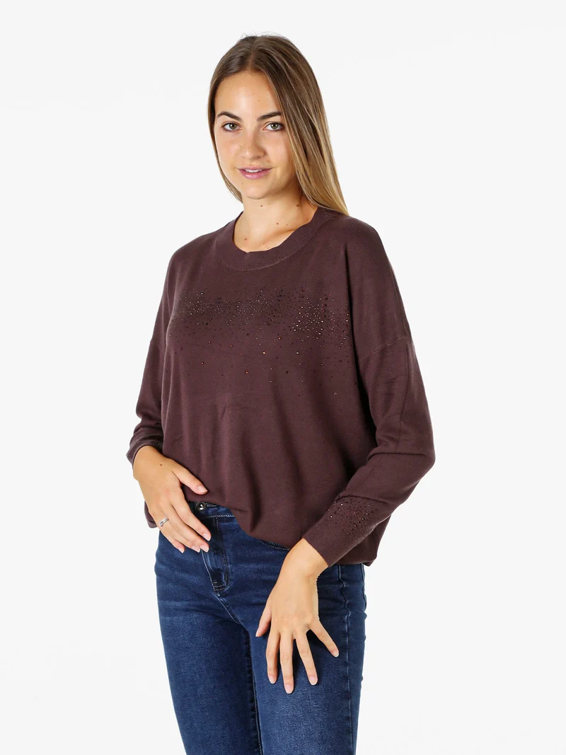 Pullover donna in maglia oversize con strass - moro