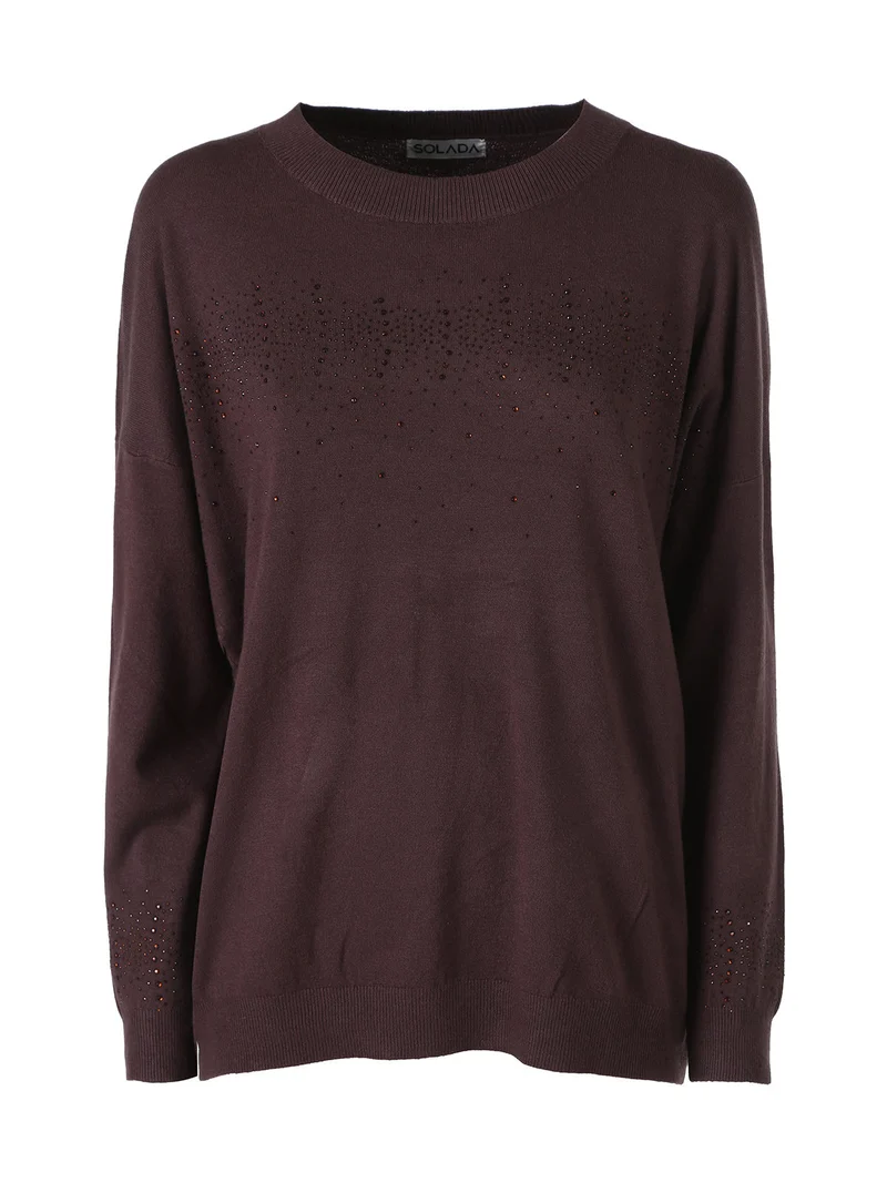 Pullover donna in maglia oversize con strass - moro