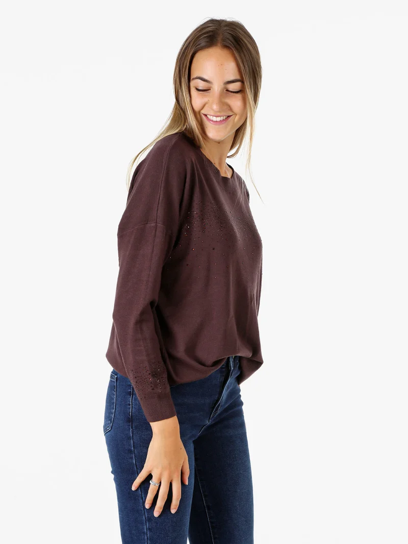 Pullover donna in maglia oversize con strass - moro