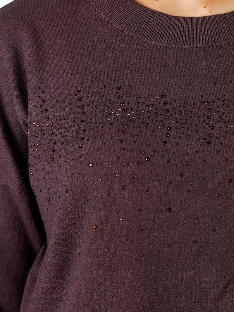 Pullover donna in maglia oversize con strass - moro