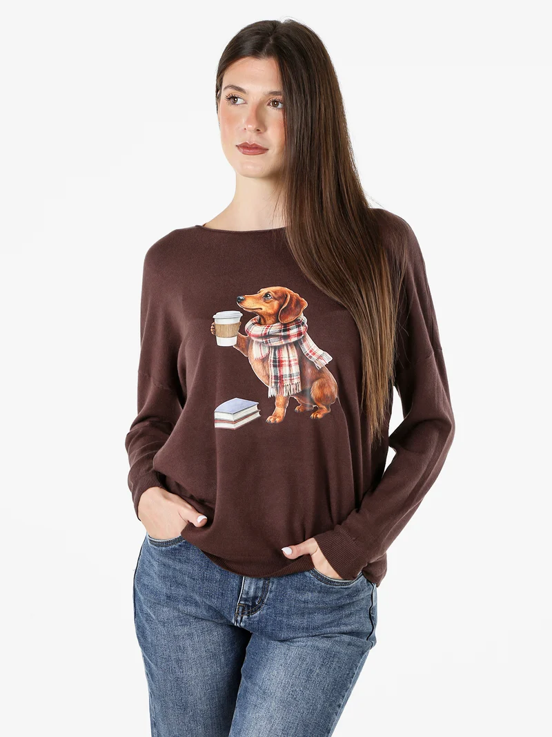 Maglia donna con stampa cane e spalle cadenti - moro