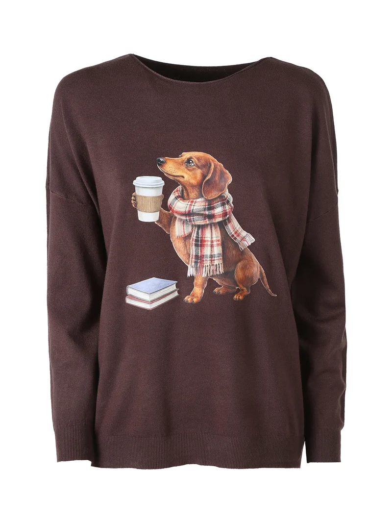 Maglia donna con stampa cane e spalle cadenti - moro