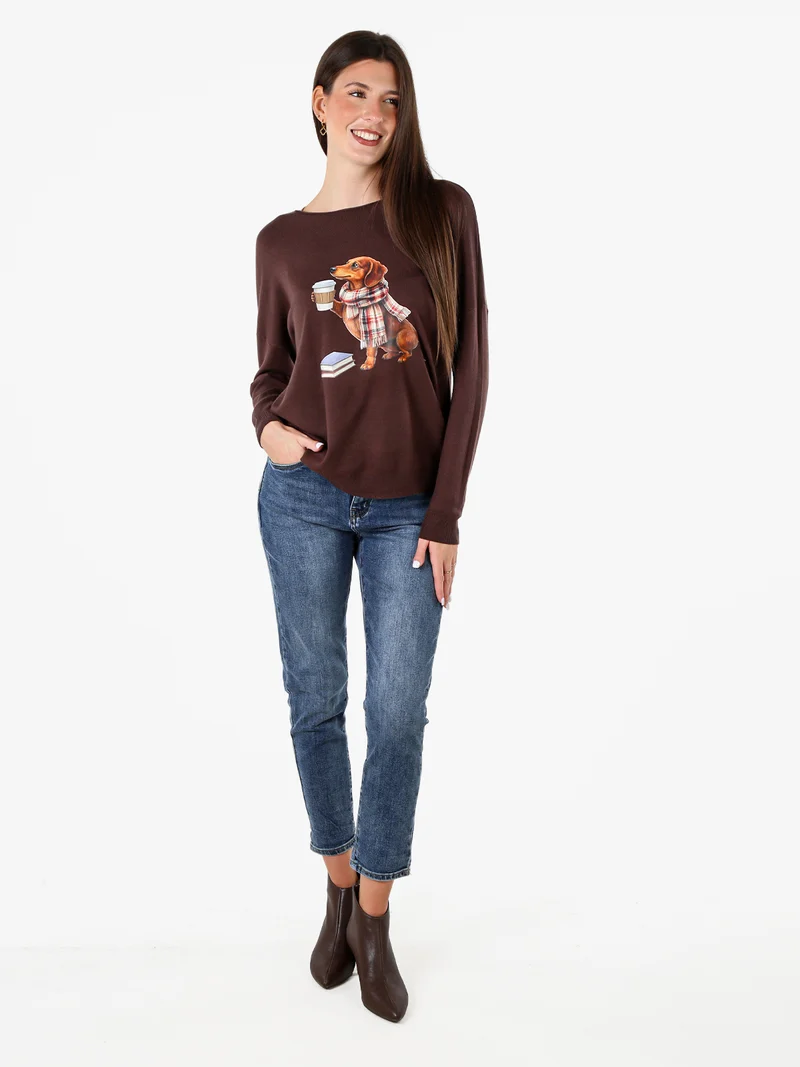 Maglia donna con stampa cane e spalle cadenti - moro