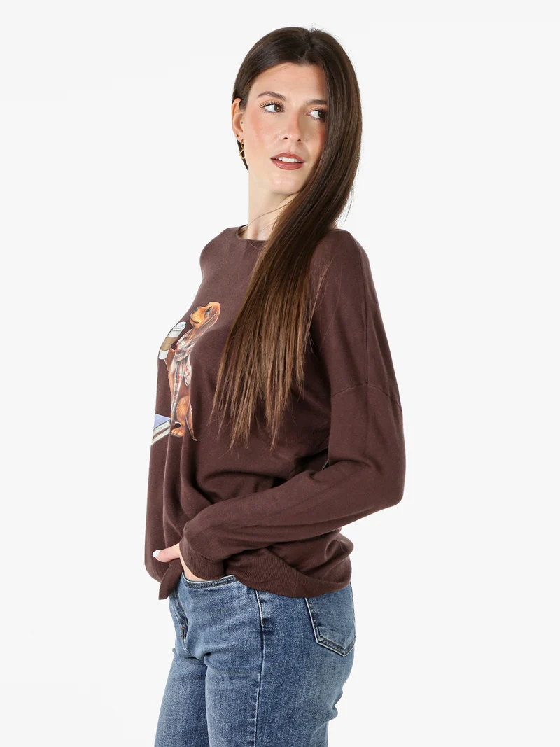 Maglia donna con stampa cane e spalle cadenti - moro