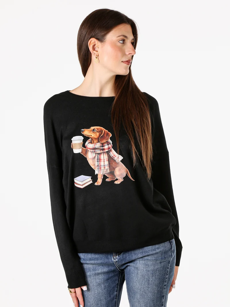 Maglia donna con stampa cane e spalle cadenti - nero