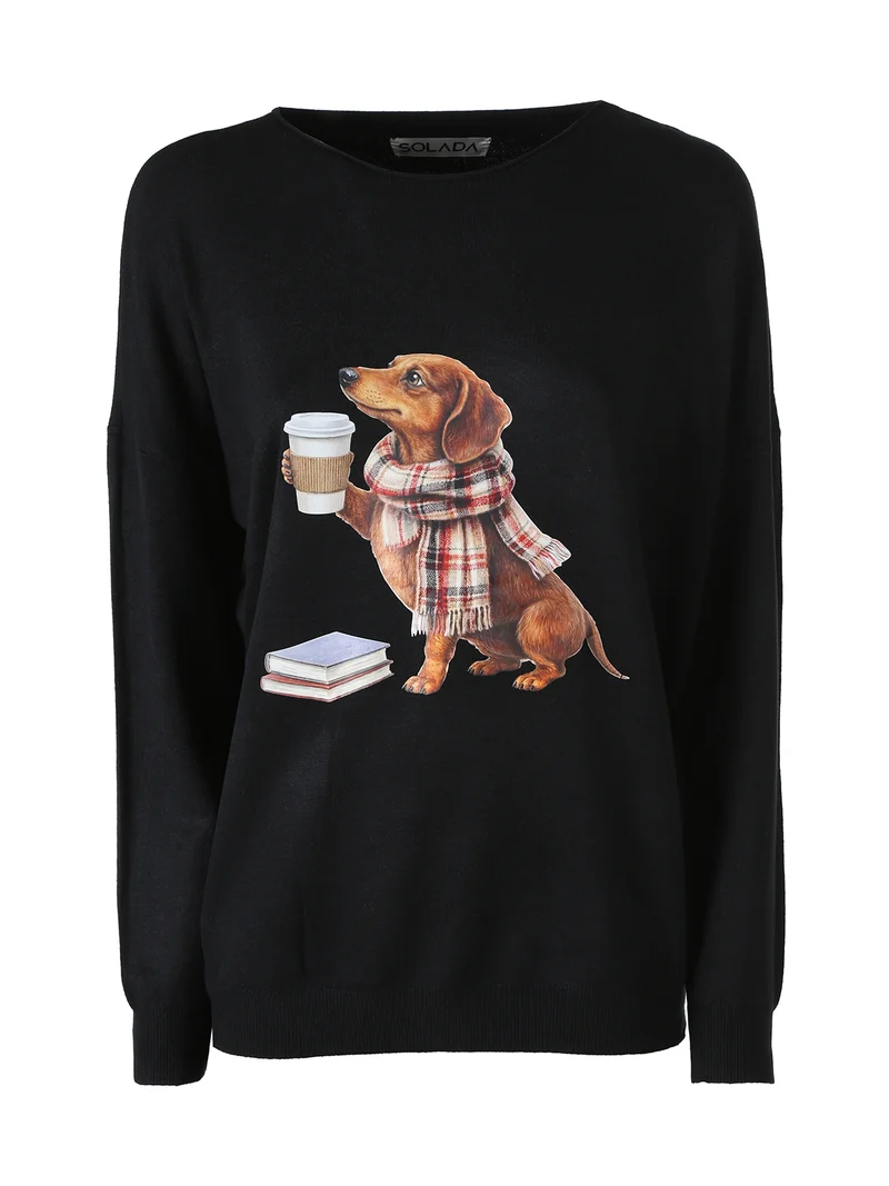 Maglia donna con stampa cane e spalle cadenti - nero