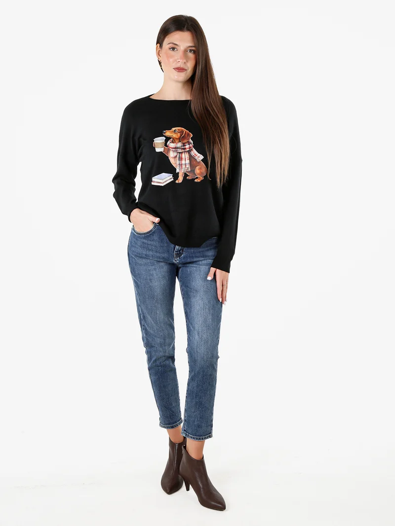 Maglia donna con stampa cane e spalle cadenti - nero