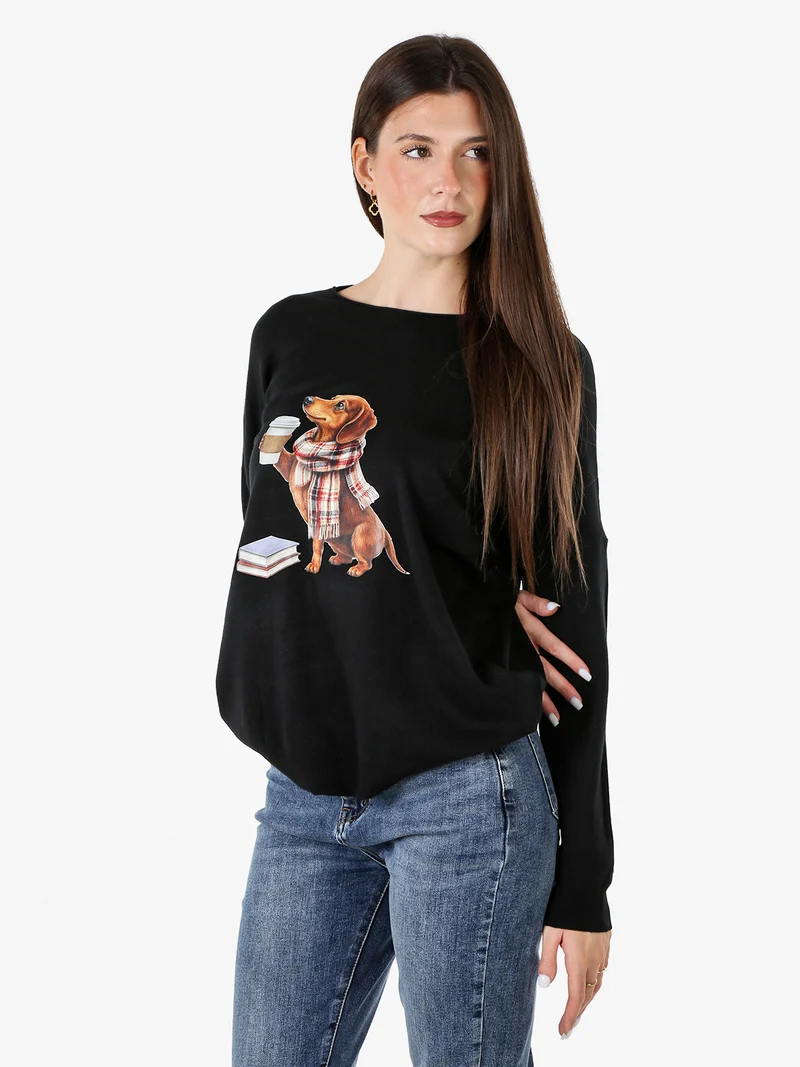 Maglia donna con stampa cane e spalle cadenti - nero