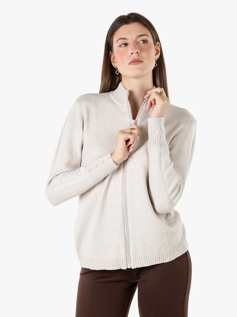 Cardigan in maglia da donna con zip di strass - beige