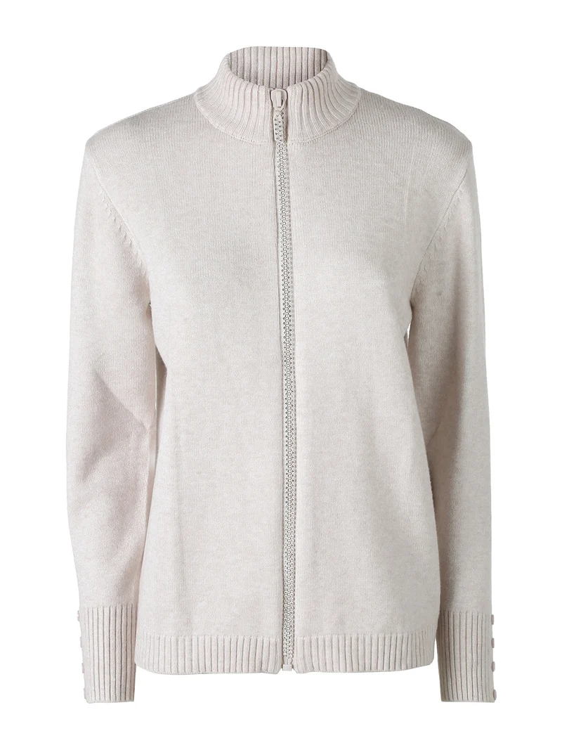 Cardigan in maglia da donna con zip di strass - beige