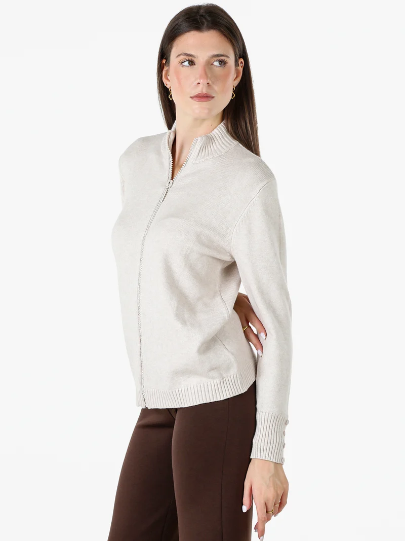 Cardigan in maglia da donna con zip di strass - beige