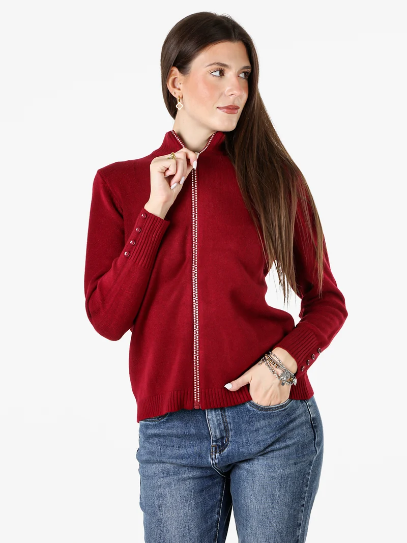 Cardigan in maglia da donna con zip di strass - bordeaux
