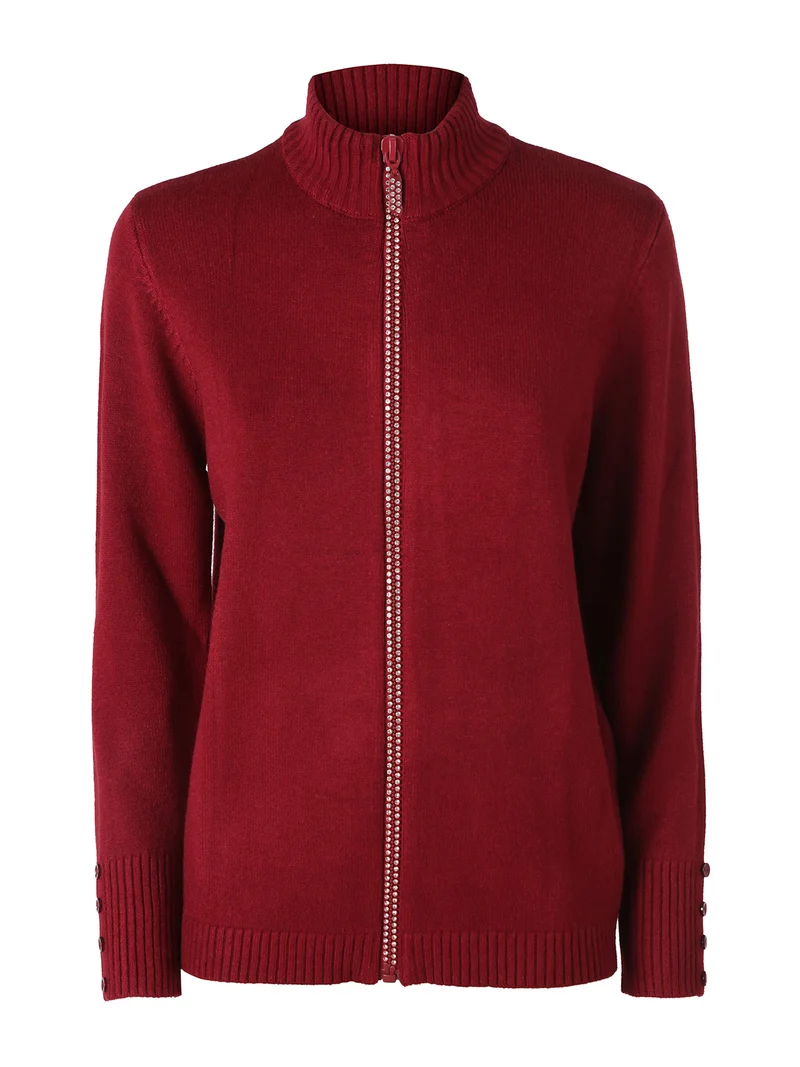 Cardigan in maglia da donna con zip di strass - bordeaux