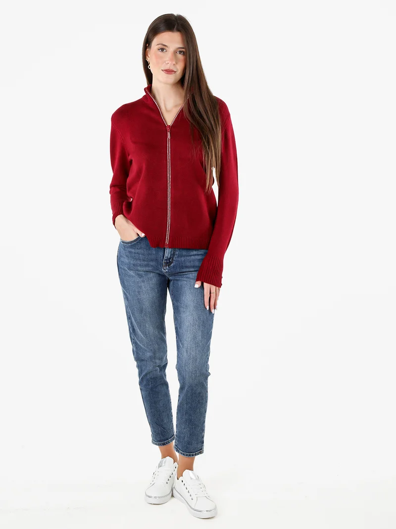 Cardigan in maglia da donna con zip di strass - bordeaux