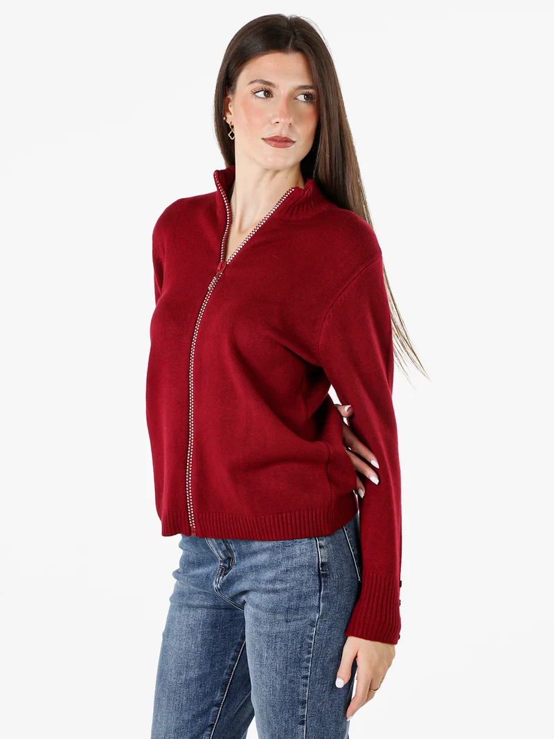 Cardigan in maglia da donna con zip di strass - bordeaux