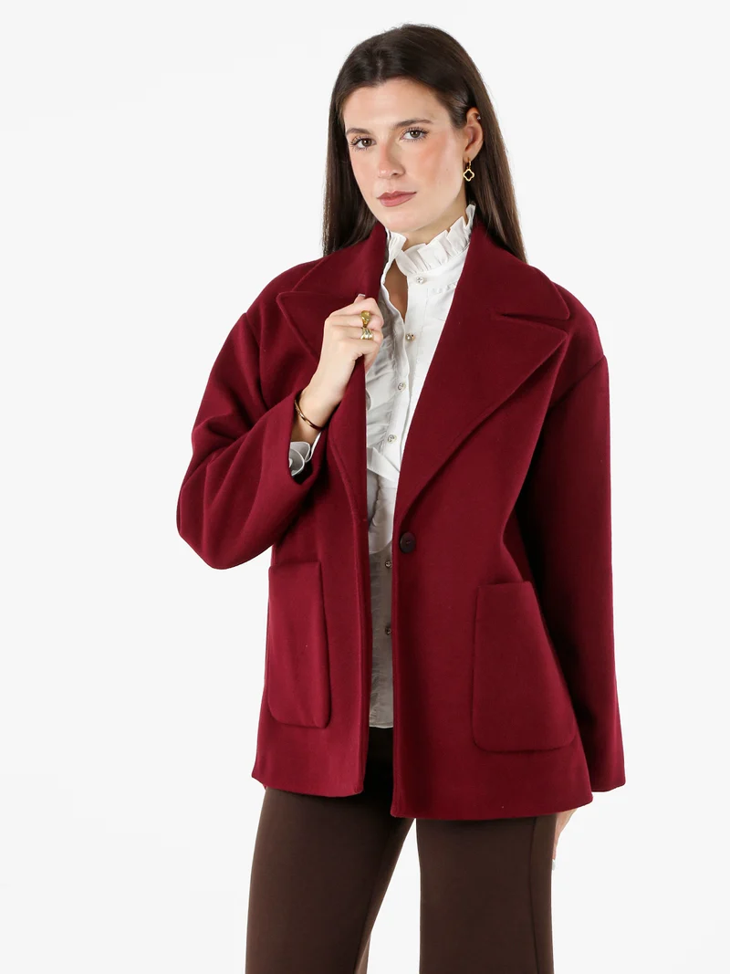 Cappotto donna oversize con bottone e spacchi laterali - bordeaux