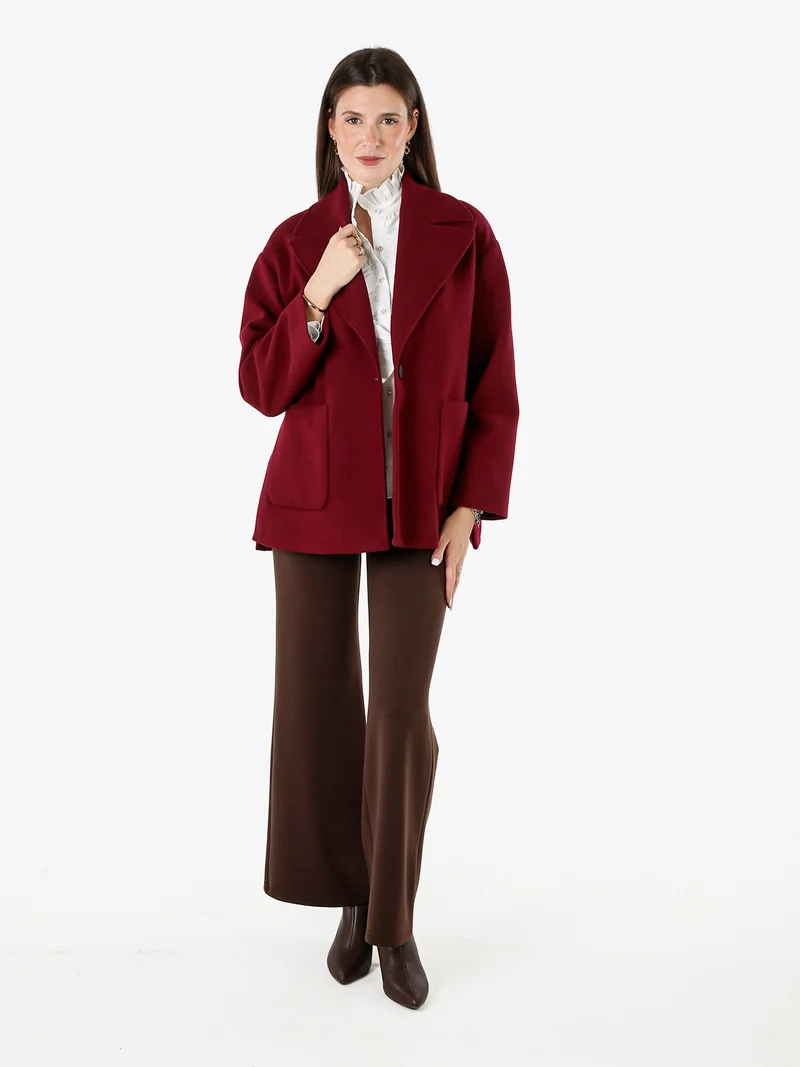Cappotto donna oversize con bottone e spacchi laterali - bordeaux