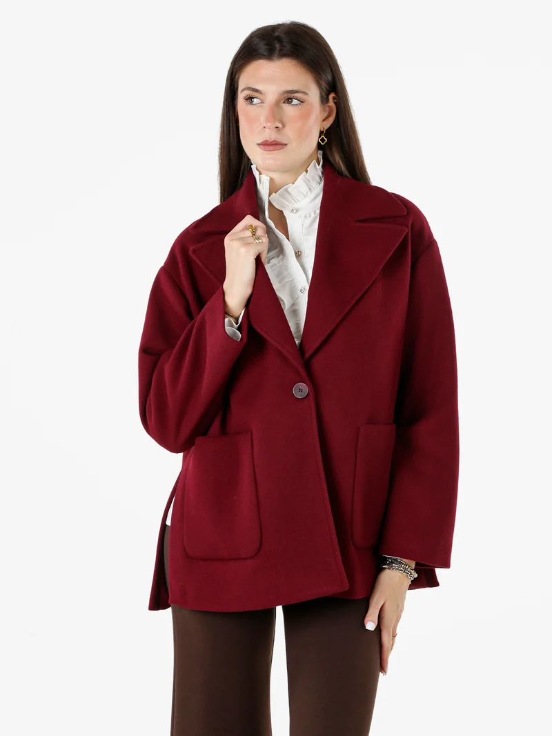 Cappotto donna oversize con bottone e spacchi laterali - bordeaux