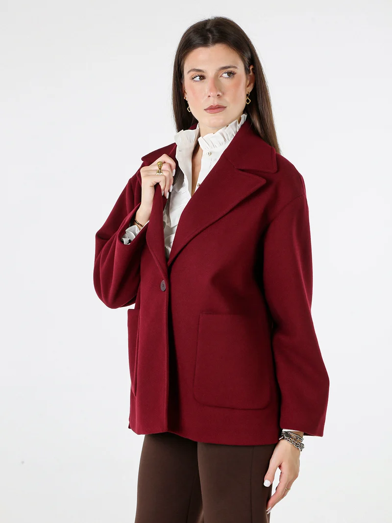 Cappotto donna oversize con bottone e spacchi laterali - bordeaux
