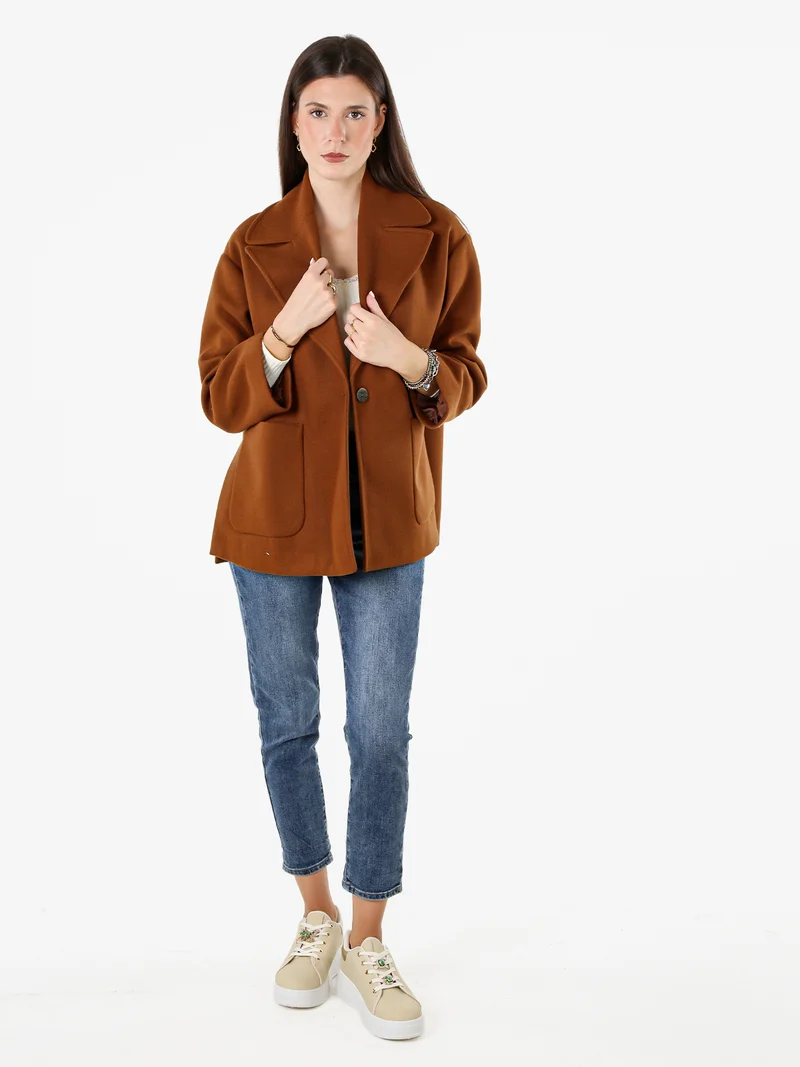 Cappotto donna oversize con bottone e spacchi laterali - bronzo