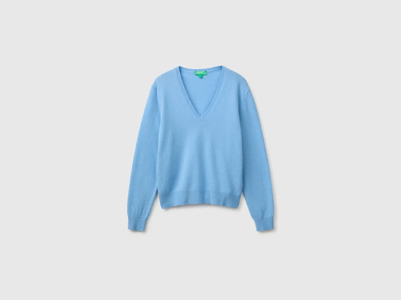 Hellblauer V-Ausschnitt-Pullover aus reiner Merinowolle