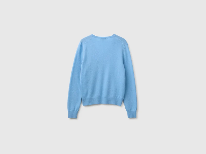 Hellblauer V-Ausschnitt-Pullover aus reiner Merinowolle