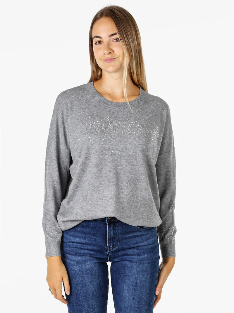 Pullover donna in maglia oversize con strass - grigio