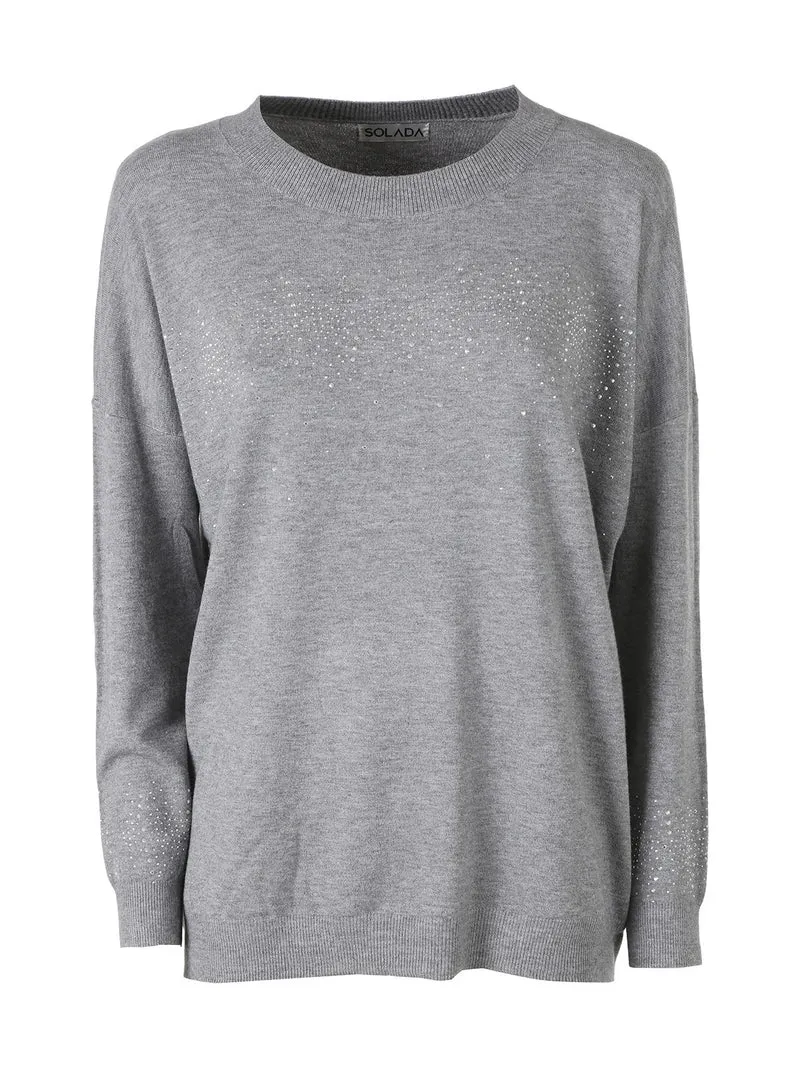 Pullover donna in maglia oversize con strass - grigio