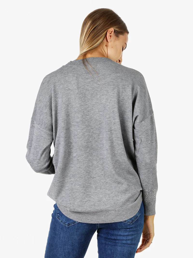 Pullover donna in maglia oversize con strass - grigio
