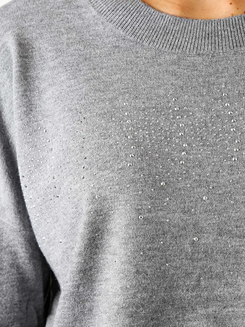 Pullover donna in maglia oversize con strass - grigio