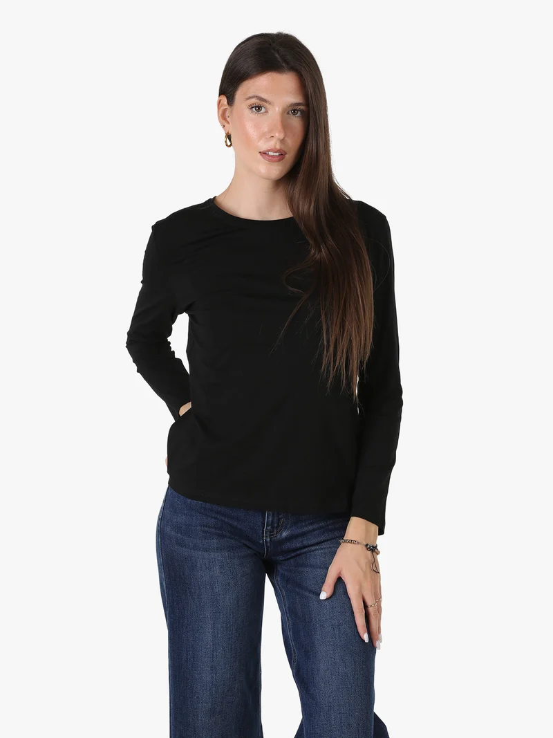 T-shirt girocollo da donna a maniche lunghe in cotone - nero