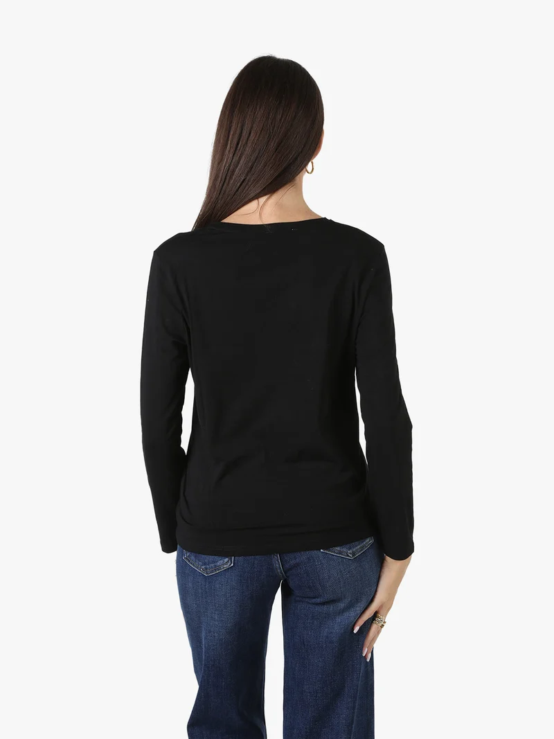 T-shirt girocollo da donna a maniche lunghe in cotone - nero