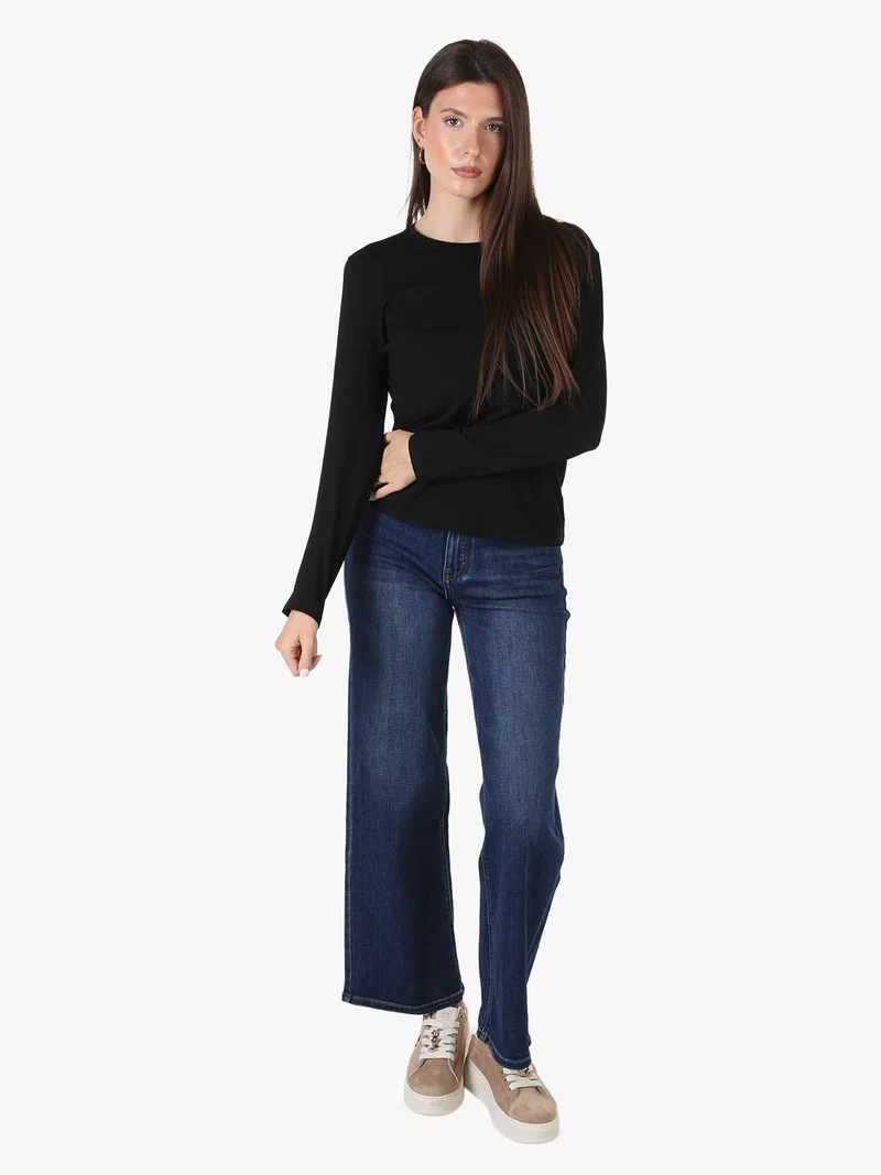 T-shirt girocollo da donna a maniche lunghe in cotone - nero
