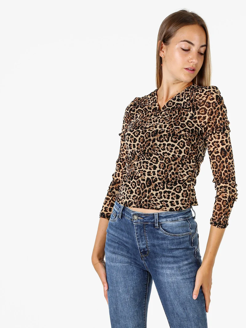 Top donna animalier a maniche lunghe con micro borchie - multicolore