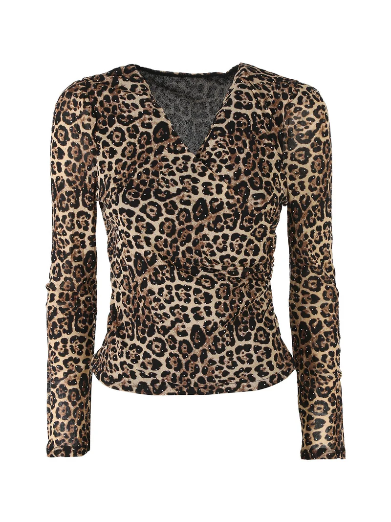 Top donna animalier a maniche lunghe con micro borchie - multicolore