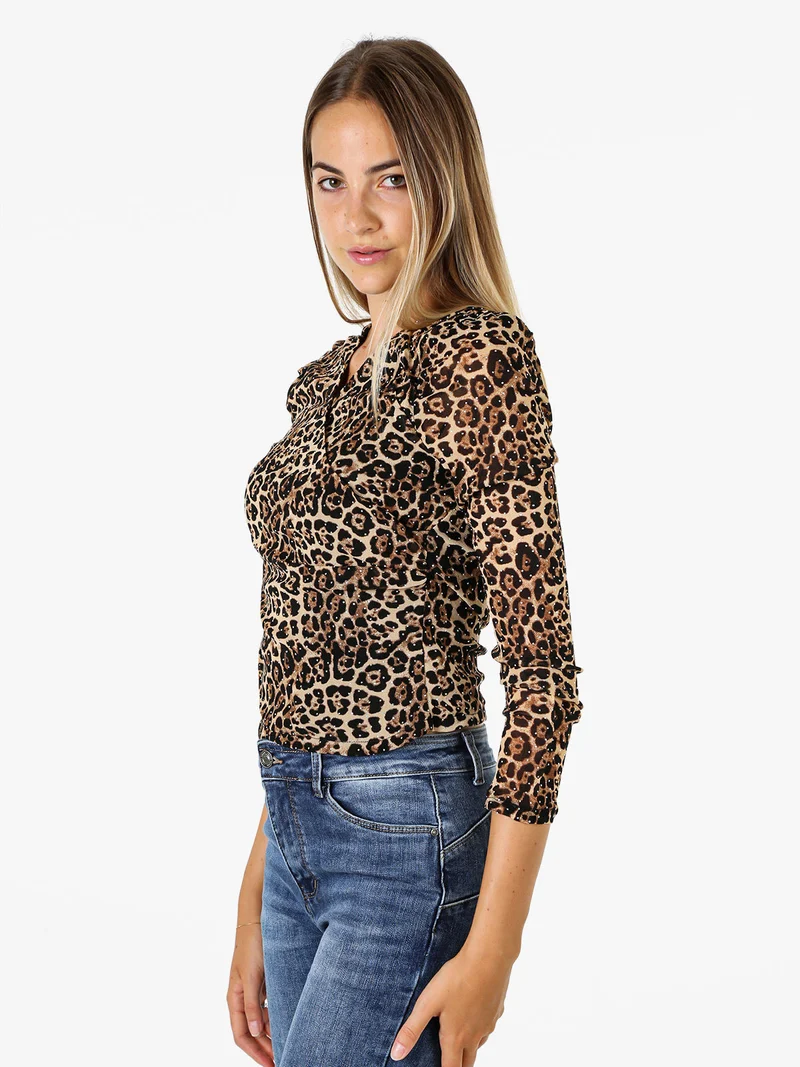 Top donna animalier a maniche lunghe con micro borchie - multicolore