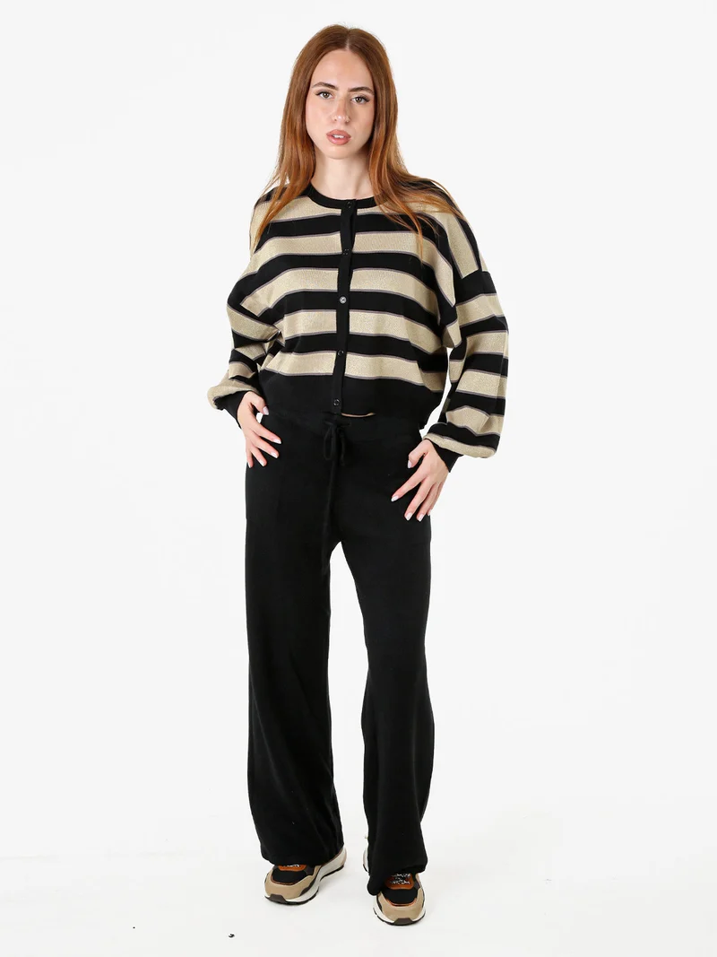 Pantaloni donna in maglia a gamba larga con coulisse - nero